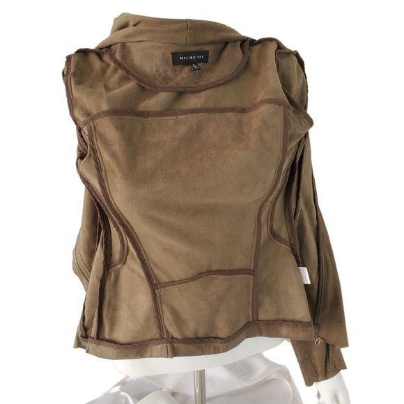 Malibu Sky Microfiber Jacket Top Brown Faux Leather Asymmetrical Zip Women Small - Picture 9 of 12